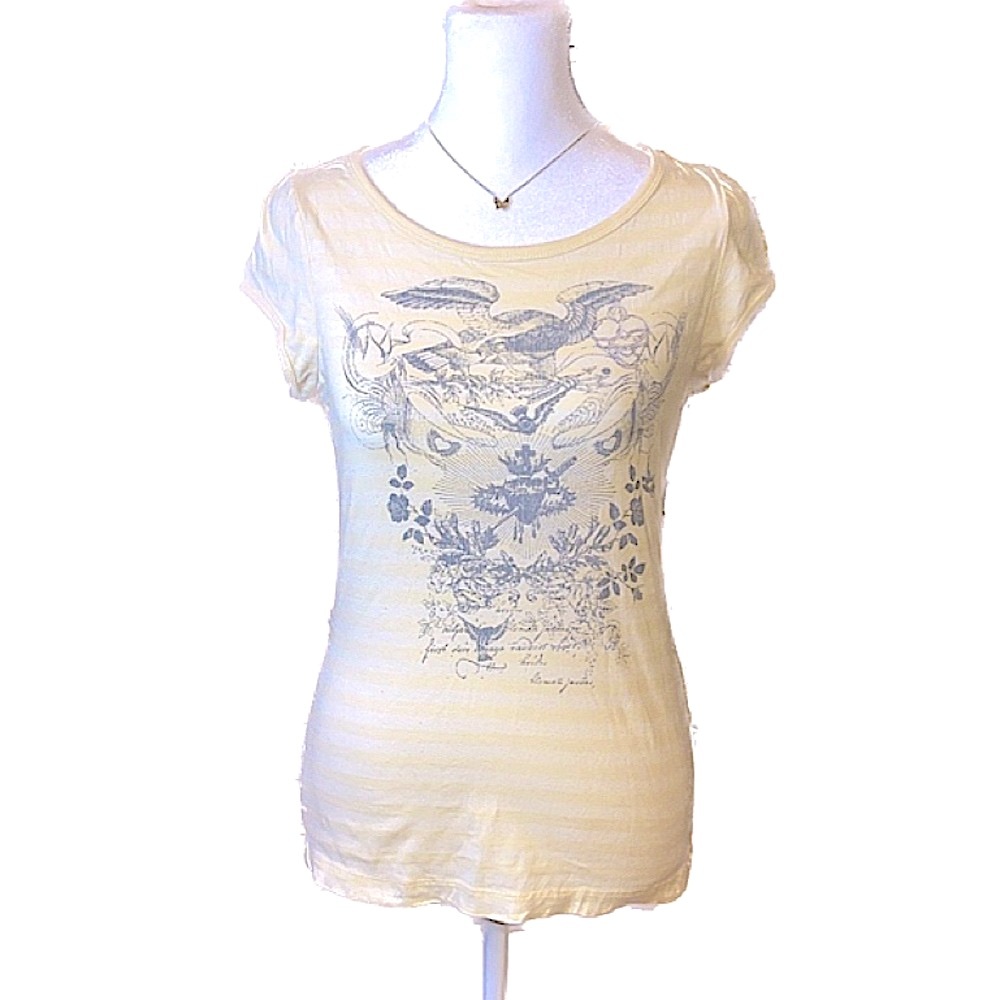 Just Jeans Yellow w/ Gray Graphic T-Shirt, Women’s Size Medium.